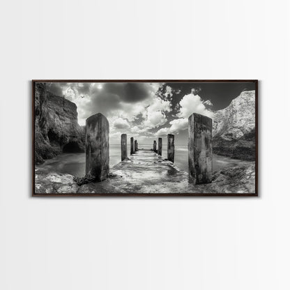 Ocean Pier, Seaside Dock, Crashing Waves, Canvas Print, Dramatic Coastal Wall Art, Black And White Decor, Bathroom Or Hallway Photography