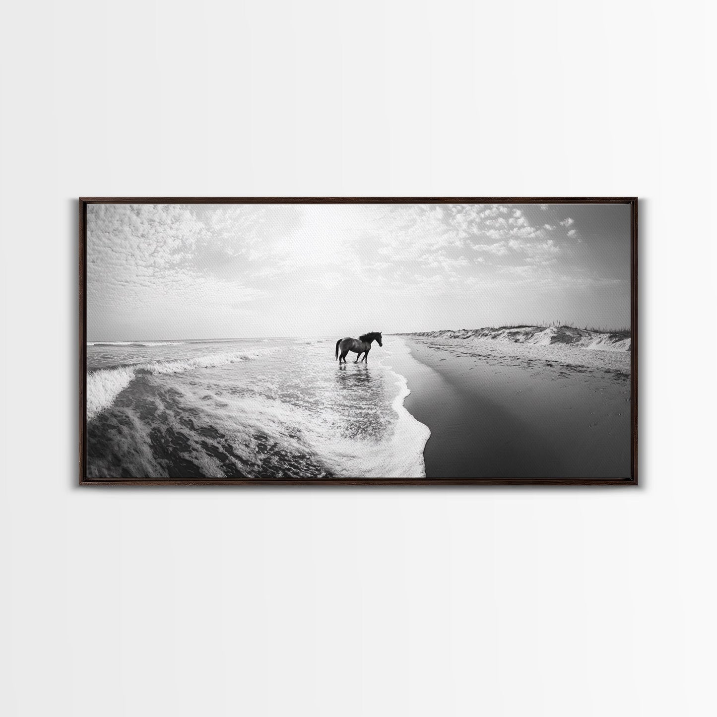Wild Horse Beach, Coastal Nature Art, Minimalist Animal Photography, Serene Landscape, Neutral Bedroom Decor, Framed Canvas Print