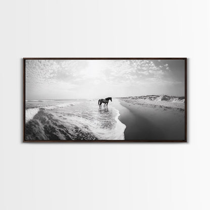Wild Horse Beach, Coastal Nature Art, Minimalist Animal Photography, Serene Landscape, Neutral Bedroom Decor, Framed Canvas Print