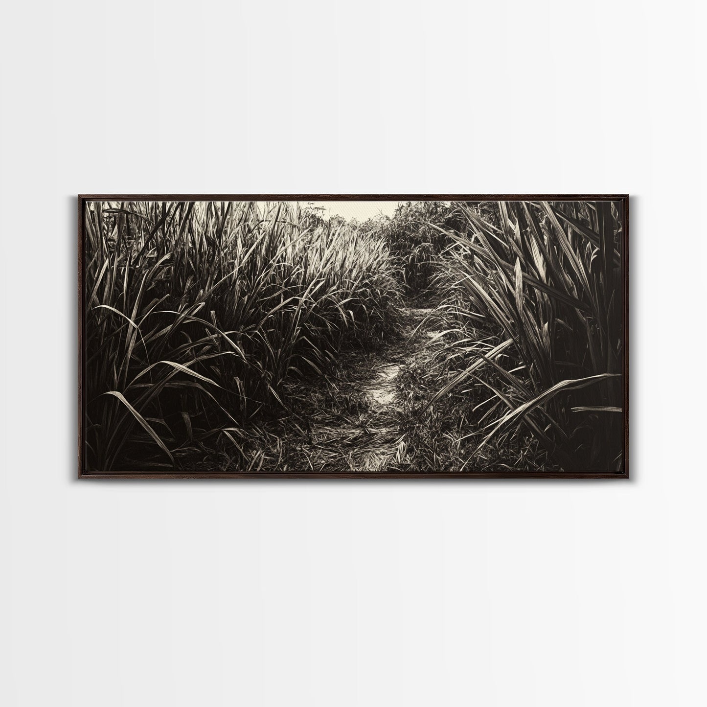 Grasbewachsener Pfad, Naturmotiv, Rustikale Landschaft, Naturnahe Wohndekoration, Herbstliche Flurkunst, Gerahmter Leinwanddruck