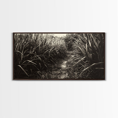 Grasbewachsener Pfad, Naturmotiv, Rustikale Landschaft, Naturnahe Wohndekoration, Herbstliche Flurkunst, Gerahmter Leinwanddruck