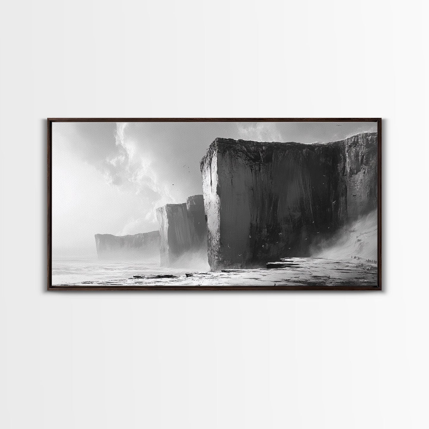 Ocean Cliffs, Towering Rock, Misty Coast, Rugged Seascape, Canvas Print, Moody Wall Art, Office Decor, Dramatic Landscape, Office Decor