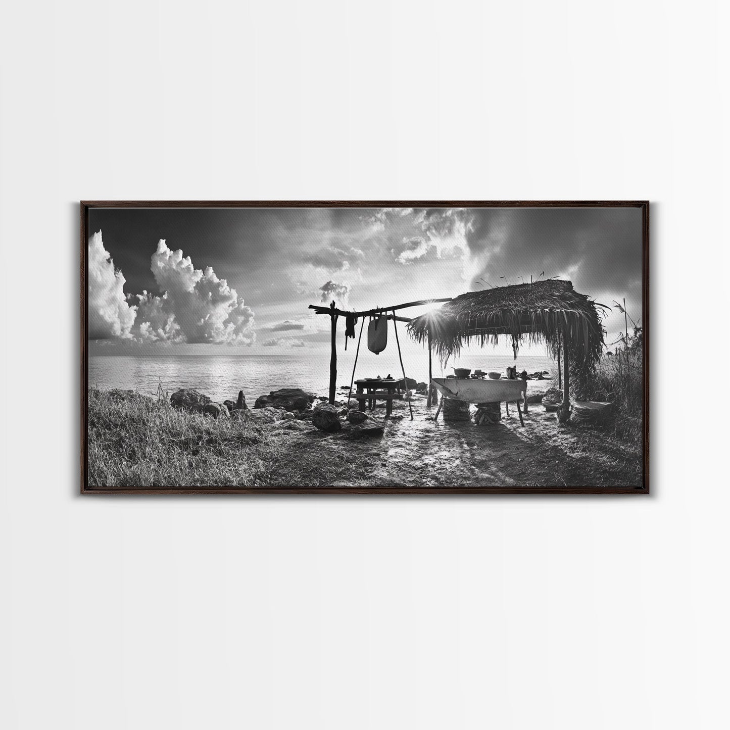 Beach Shack, Driftwood Table, Seaside Shelter, Sun Rays, Canvas Print, Rustic Coastal Art, Boho Decor, Dining Room Wall Art, Cabin Wall Art