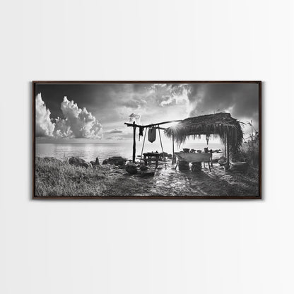 Beach Shack, Driftwood Table, Seaside Shelter, Sun Rays, Canvas Print, Rustic Coastal Art, Boho Decor, Dining Room Wall Art, Cabin Wall Art