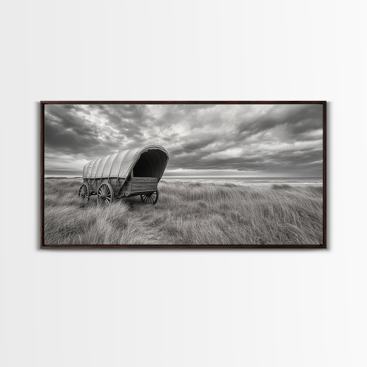 Prairie Wagon, Coastal Grass, Covered Cart, Western Landscape, Framed Canvas Print, Rustic Fall Art, Living Room Wall Decor