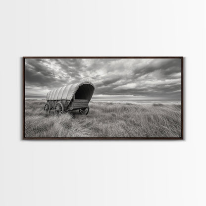 Prairie Wagon, Coastal Grass, Covered Cart, Western Landscape, Framed Canvas Print, Rustic Fall Art, Living Room Wall Decor