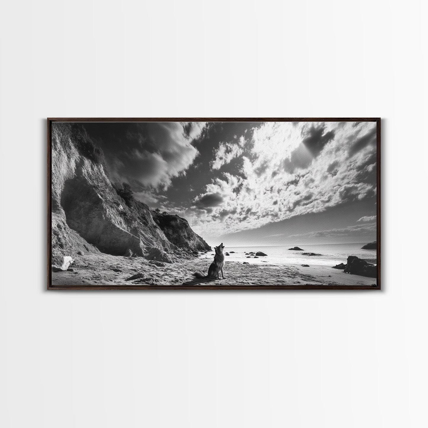 Howling Dog, Seaside Cliffs, Cloudy Sky, Wild Beach, Canvas Print, Nature Animal Art, Rustic Fall Wall Decor, Entryway Accent, Bedroom Wall Art
