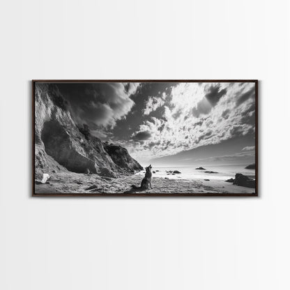Howling Dog, Seaside Cliffs, Cloudy Sky, Wild Beach, Canvas Print, Nature Animal Art, Rustic Fall Wall Decor, Entryway Accent, Bedroom Wall Art