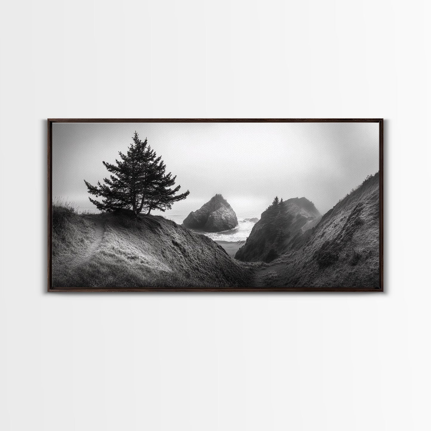 Coastal Cliff Scene, Evergreen Ocean Landscape, Pacific Northwest View, Framed Canvas Print, Nature Inspired Wall Art, Minimalist Decor