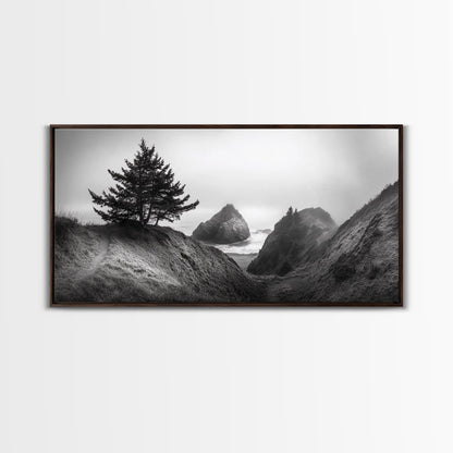 Coastal Cliff Scene, Evergreen Ocean Landscape, Pacific Northwest View, Framed Canvas Print, Nature Inspired Wall Art, Minimalist Decor