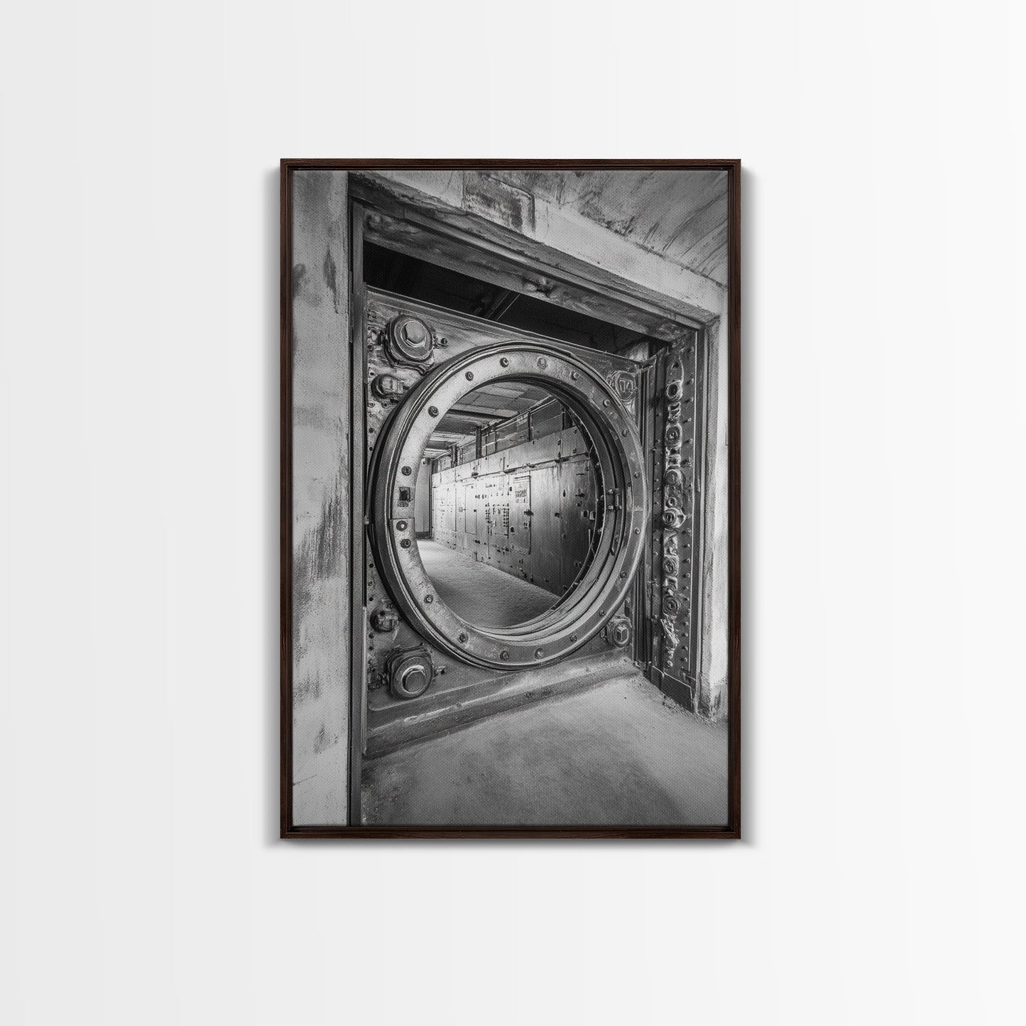 Bank Vault Door, Industrial Design, Urban Texture, Canvas Print, Masculine Office Decor, Steampunk Wall Art, Black White Print