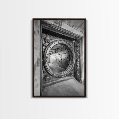 Bank Vault Door, Industrial Design, Urban Texture, Canvas Print, Masculine Office Decor, Steampunk Wall Art, Black White Print