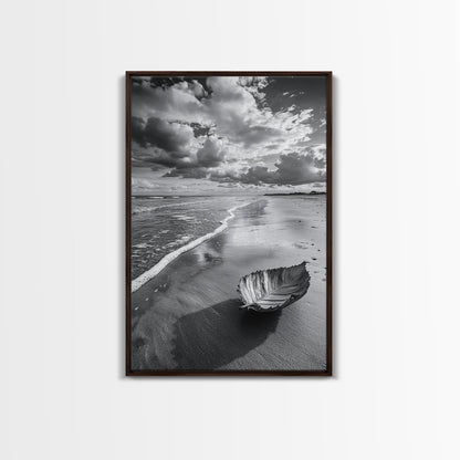 Autumn Beach Leaf, Drift Shore, Moody Cloudscape, Black and White Fall Art, Framed Canvas Print, Seasonal Wall Decor, Rustic Autumn Style
