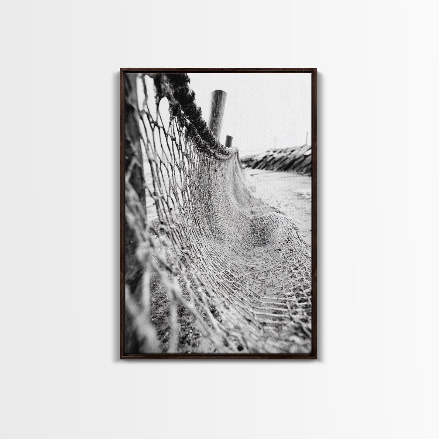 Coastal Net, Beach Texture, Nautical Vibe, Ocean Fence, Framed Canvas Print, Bathroom Wall Art, Coastal Cottage Style, Monochrome Beach Art