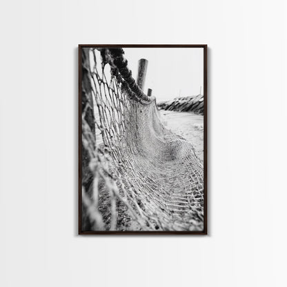Coastal Net, Beach Texture, Nautical Vibe, Ocean Fence, Framed Canvas Print, Bathroom Wall Art, Coastal Cottage Style, Monochrome Beach Art