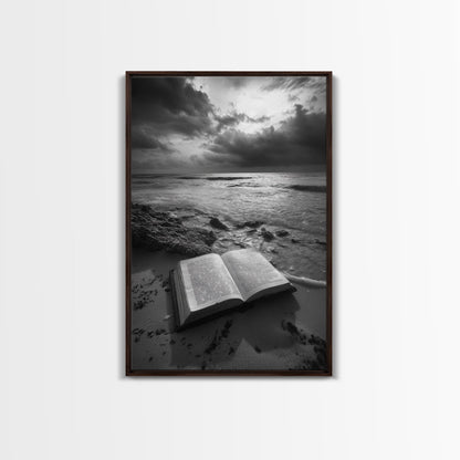 Book Beach Twilight, Reading By Ocean, Literary Seascape, Canvas Print, Study Wall Art, Moody Literary Art, Minimalist Coastal Decor