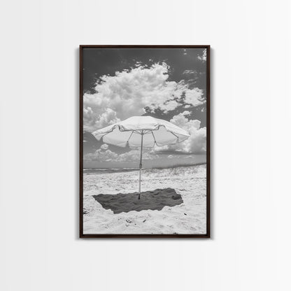 Beach Umbrella, Sunny Escape, Coastal Cloudscape, Framed Canvas Print, Summer Vibe Wall Art, Outdoor Living Decor, Travel Mood