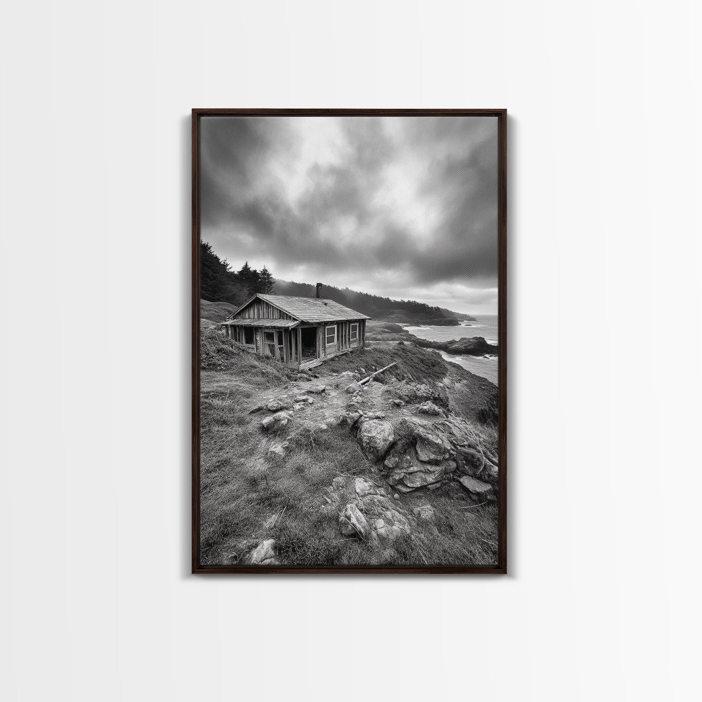 Abandoned Cabin, Coastal Cliff, Moody Landscape, Autumn Wall Art, Framed Canvas Print, Living Room Rustic Art, Farmhouse Aesthetic