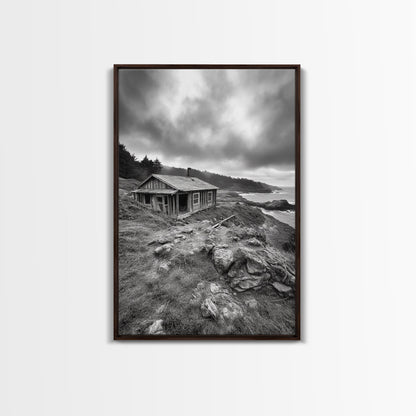 Abandoned Cabin, Coastal Cliff, Moody Landscape, Autumn Wall Art, Framed Canvas Print, Living Room Rustic Art, Farmhouse Aesthetic