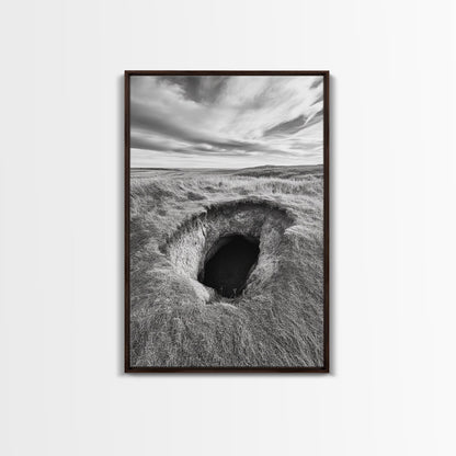 Burrow Entrance, Hidden Hole, Grassland Tunnel, Canvas Print, Nature Wall Art, Living Room Decor, Black White Landscape Photography