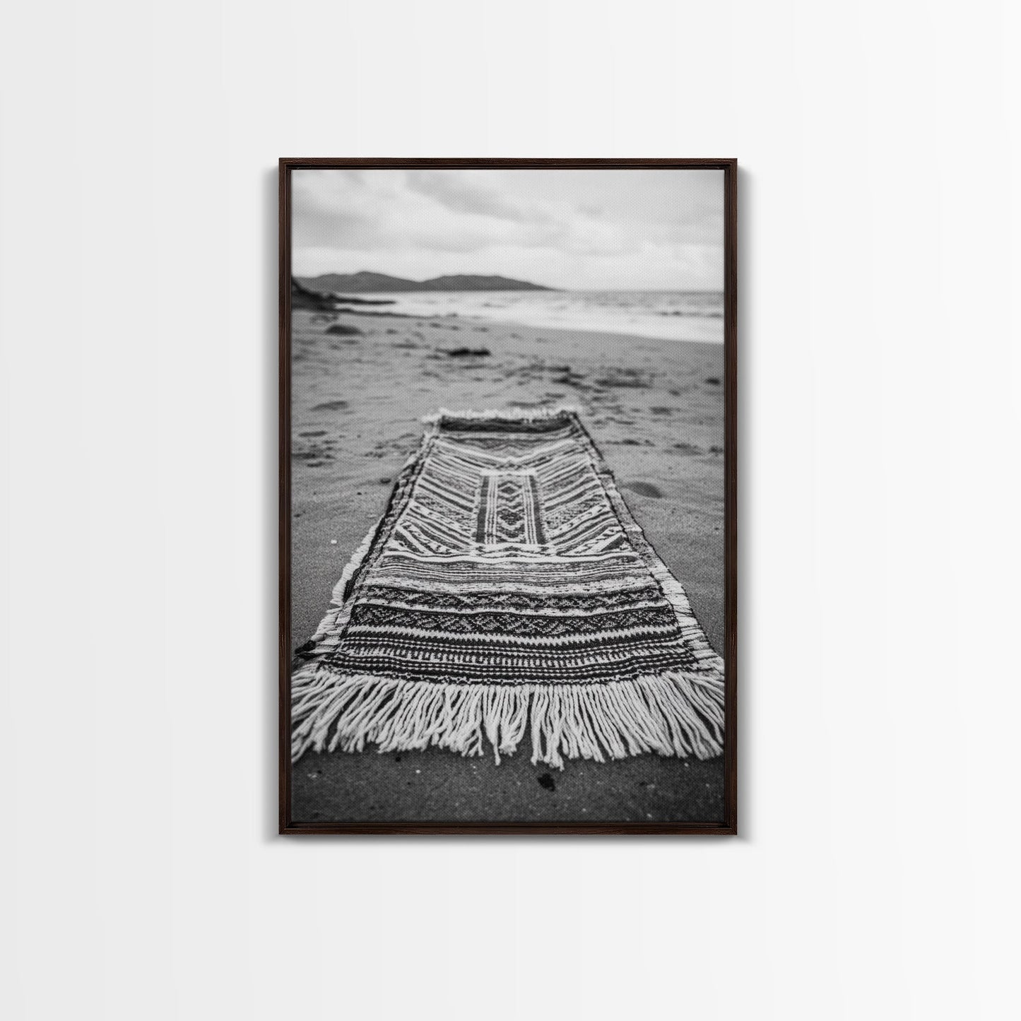 Woven Rug Beach, Bohemian Escape, Textile Texture, Black and White Canvas Print, Boho Bedroom or Yoga Studio Wall Decor