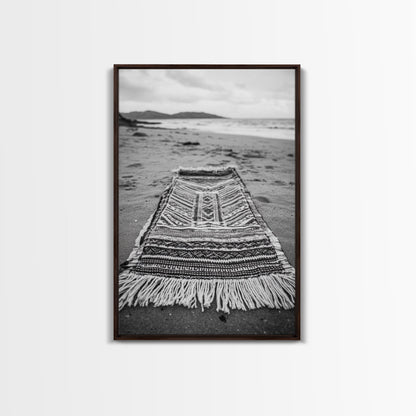 Woven Rug Beach, Bohemian Escape, Textile Texture, Black and White Canvas Print, Boho Bedroom or Yoga Studio Wall Decor