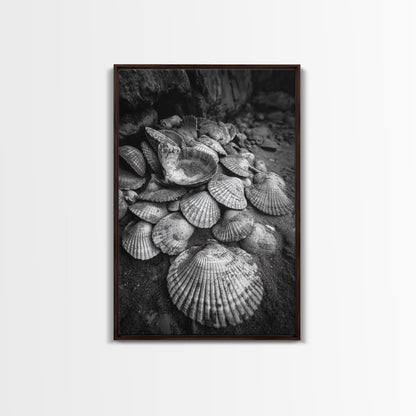 Seashell Pile, Textured Beach, Coastal Treasures, Natural Beauty Framed Canvas Print, bathroom decor, shell art, beach wall style