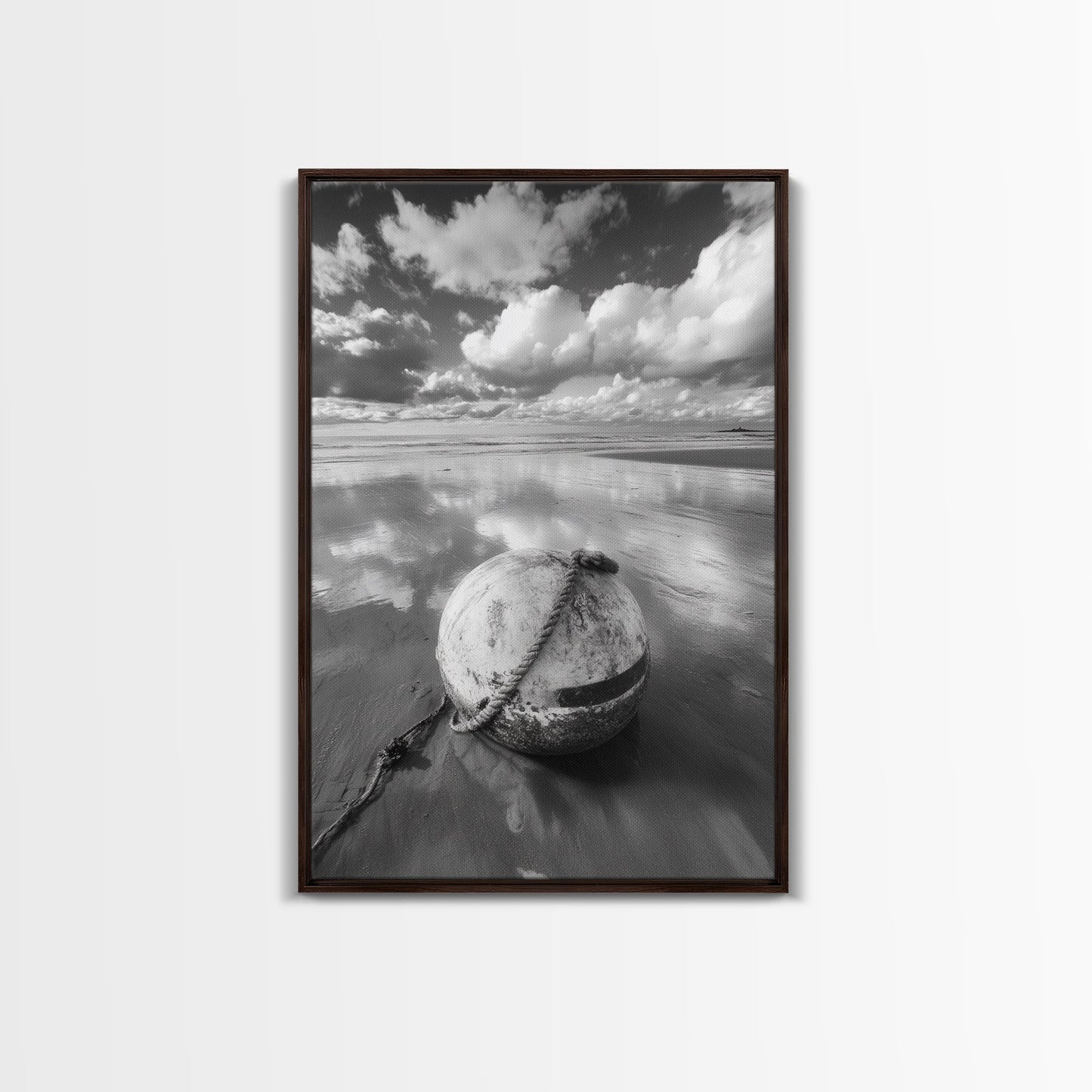 Washed buoy shore, coastal solitude, beach reflections, nautical simplicity, Framed Canvas Print, guest room art, seaside rustic wall decor