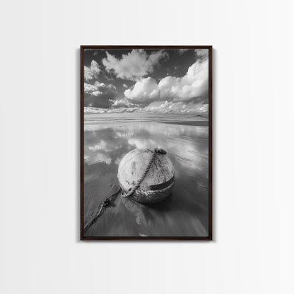 Washed buoy shore, coastal solitude, beach reflections, nautical simplicity, Framed Canvas Print, guest room art, seaside rustic wall decor