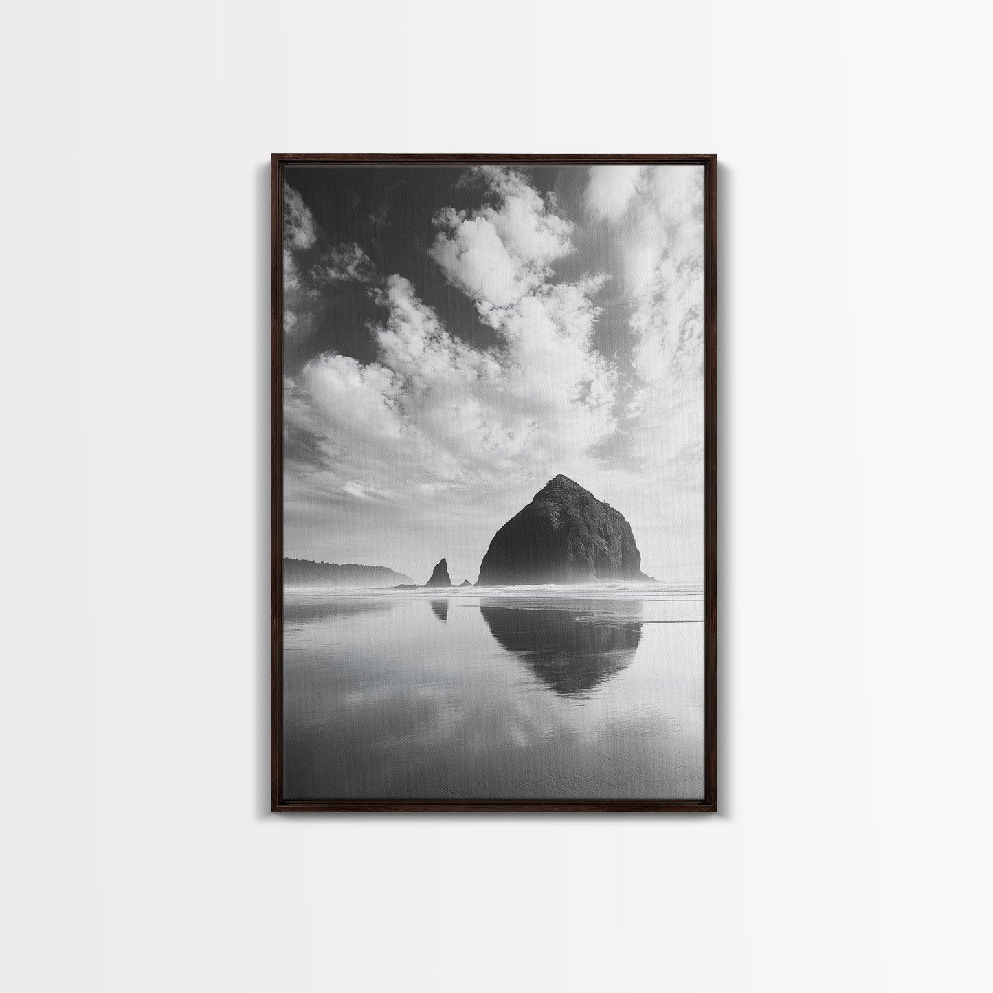 Iconic sea stack, Oregon coast art, tranquil reflections, dramatic clouds, Canvas Print, bedroom wall art, modern coastal minimalist decor