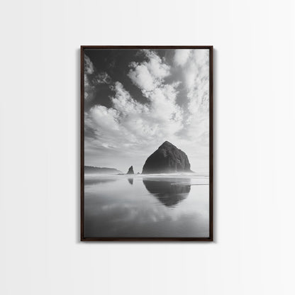 Iconic sea stack, Oregon coast art, tranquil reflections, dramatic clouds, Canvas Print, bedroom wall art, modern coastal minimalist decor
