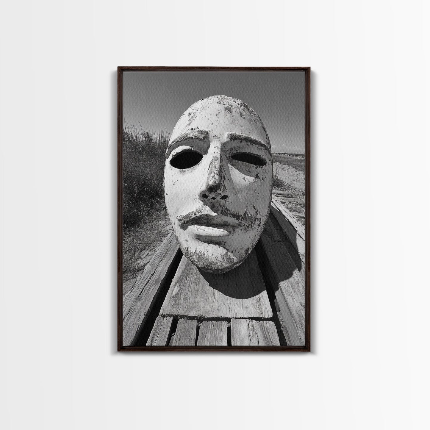 Weathered Mask, Coastal Surreal, Driftwood Dream, Canvas Print, Abstract Wall Art, Rustic Home Decor, Boho Artistic Style