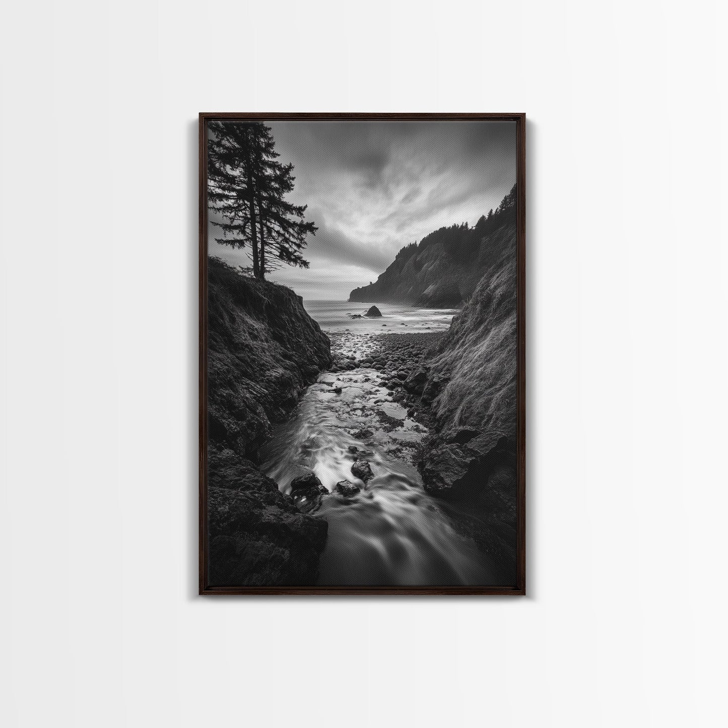 River Meets Sea, Forest Coast, Rugged Beauty, Sunset Flow, Canvas Print, Nature Wall Art, Moody Living Room Landscape