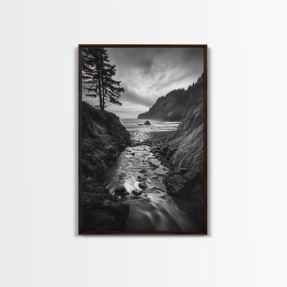 River Meets Sea, Forest Coast, Rugged Beauty, Sunset Flow, Canvas Print, Nature Wall Art, Moody Living Room Landscape