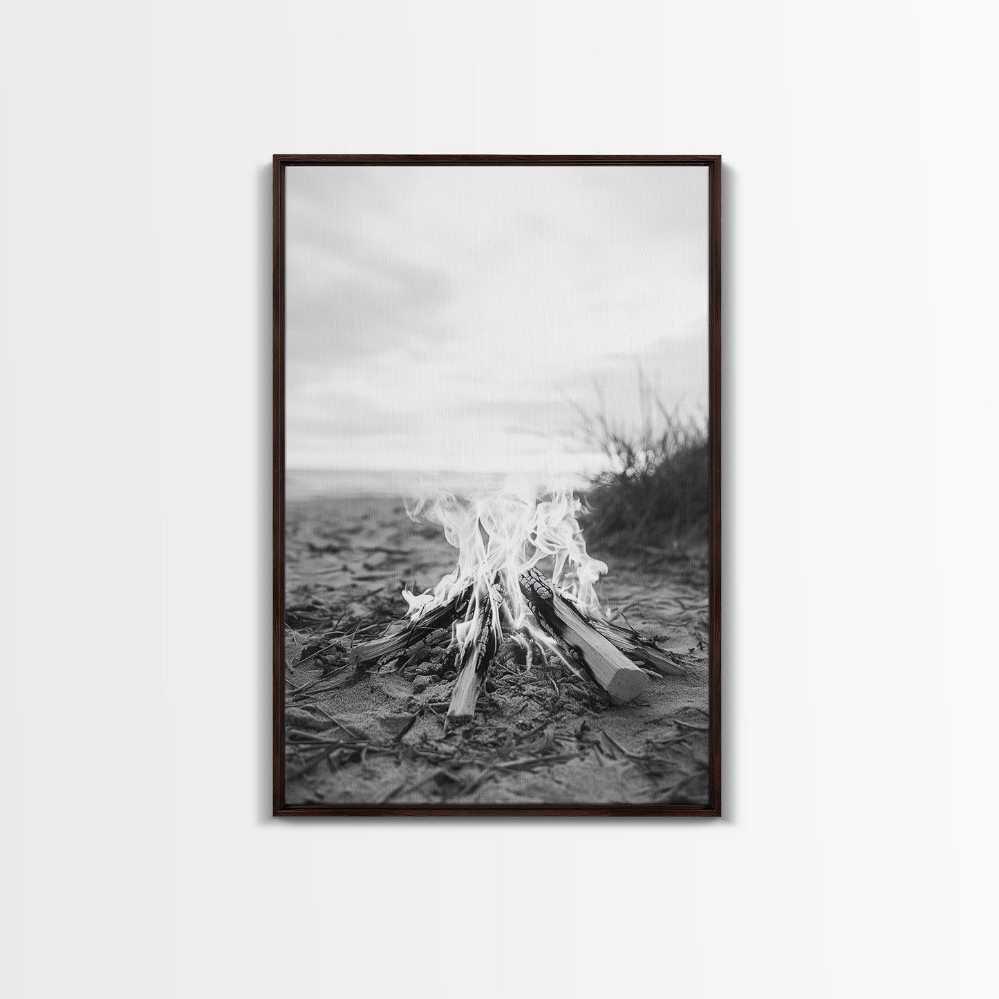 Campfire, Beach, Smoke, Glow - Cozy outdoor scene with flickering flame, Canvas Print, perfect rustic cabin or camping decor, Autumn Wall Art