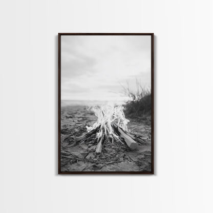 Campfire, Beach, Smoke, Glow - Cozy outdoor scene with flickering flame, Canvas Print, perfect rustic cabin or camping decor, Autumn Wall Art