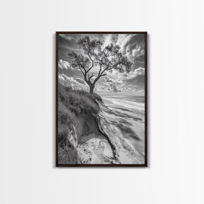 Coastal Tree Scene, Wind Swept Dune, Ocean Beach Horizon, Autumn Coastal Wall Art, Framed Canvas Print, Nature Lover Home Decor