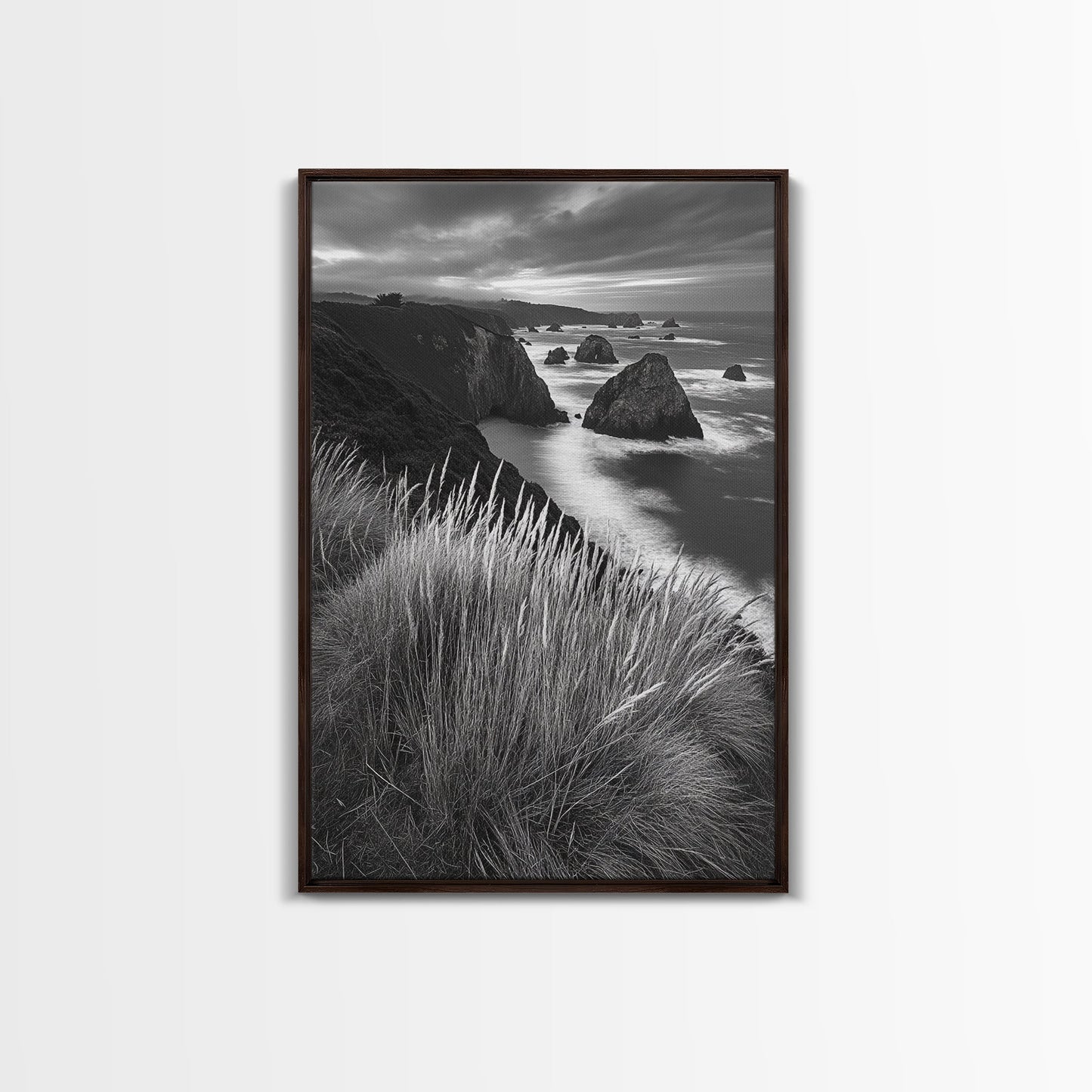 Coastal Cliffs, Ocean Rocks, Tall Grass, Canvas Print, Windswept Landscape Art, Beach House Wall Decor, Monochrome Nature Scene