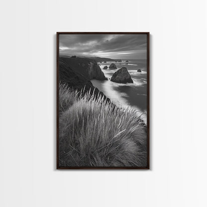 Coastal Cliffs, Ocean Rocks, Tall Grass, Canvas Print, Windswept Landscape Art, Beach House Wall Decor, Monochrome Nature Scene