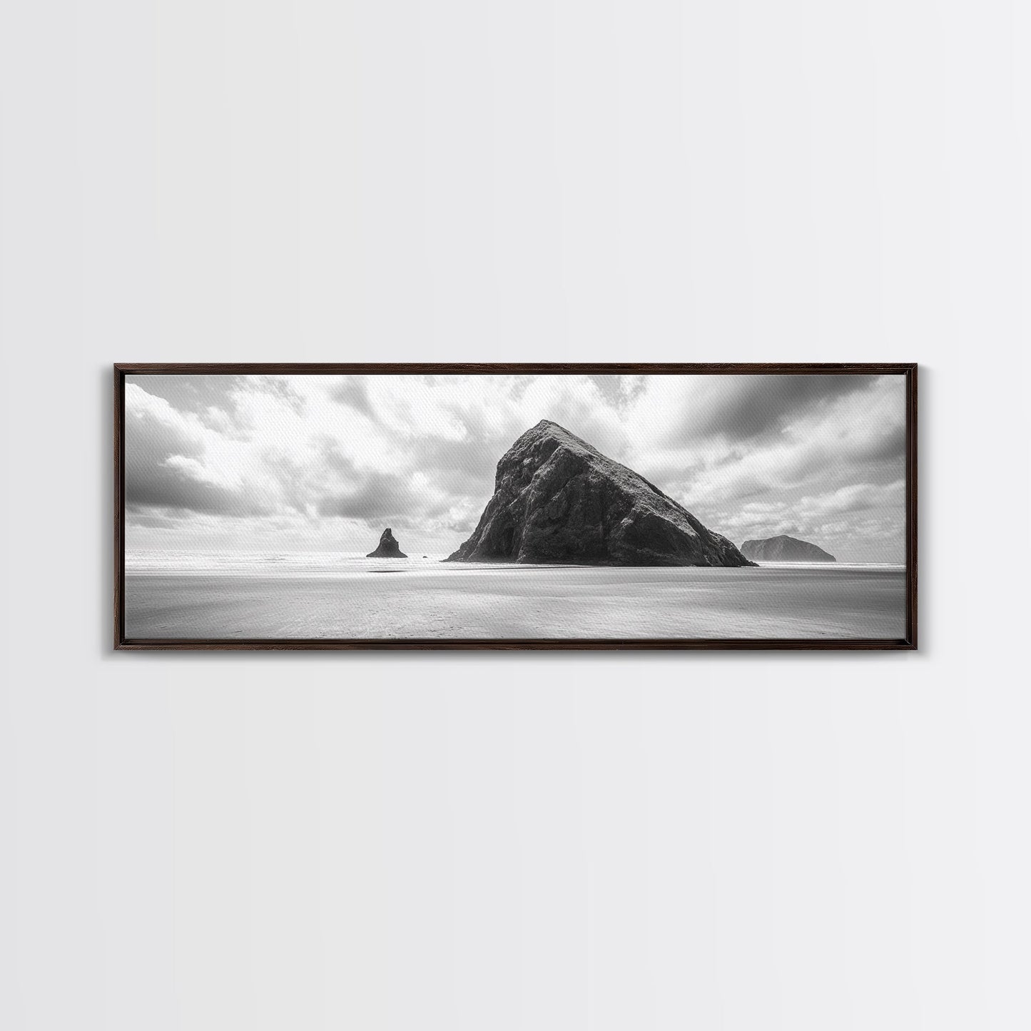 Sea Stack, Beach Horizon, Dramatic Sky, Monochrome Seascape, Framed Canvas Print, Coastal Wall Art, Modern Minimalist Entryway Decor