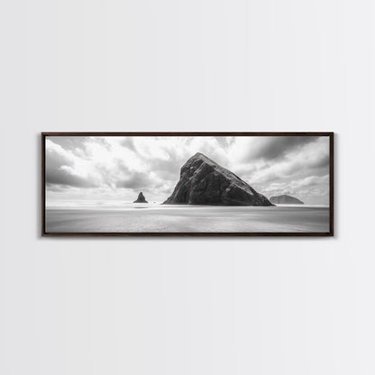 Sea Stack, Beach Horizon, Dramatic Sky, Monochrome Seascape, Framed Canvas Print, Coastal Wall Art, Modern Minimalist Entryway Decor