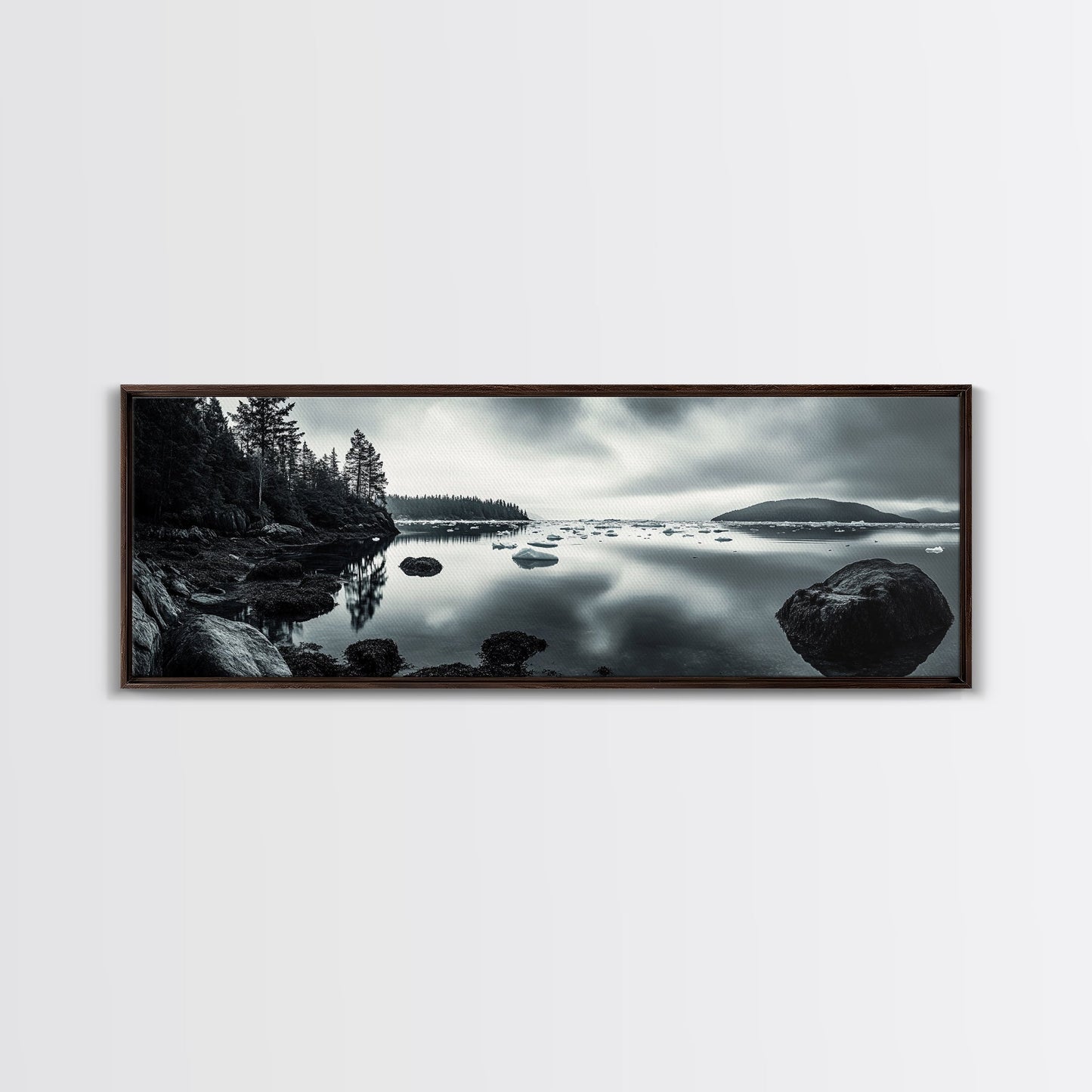 Arctic Shore, Ice Reflections, Northern Coastline, Framed Canvas Print, Moody ocean art, Coastal decor, Living room wall art, Monochrome nature