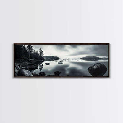 Arctic Shore, Ice Reflections, Northern Coastline, Framed Canvas Print, Moody ocean art, Coastal decor, Living room wall art, Monochrome nature