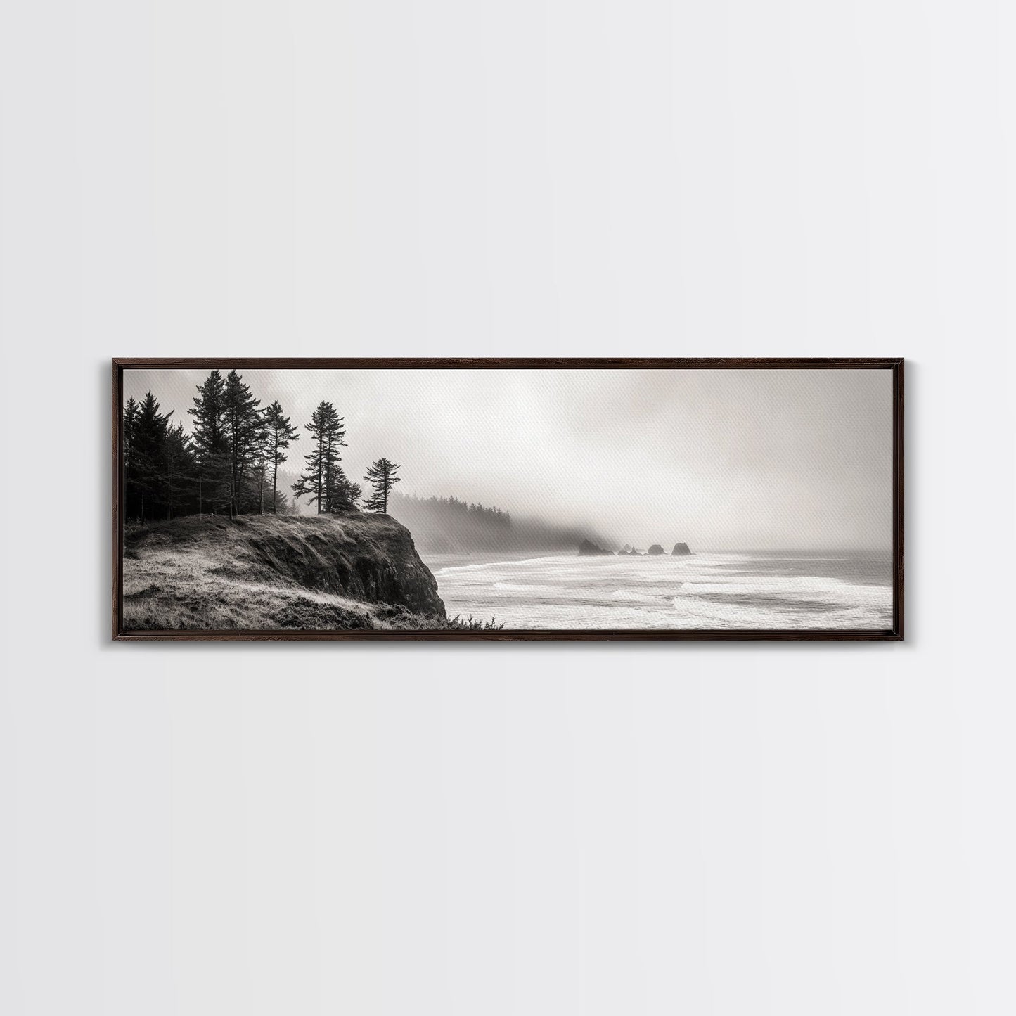 Foggy Pines, Ocean Horizon, Coastal Landscape, Moody Beach Scene, Canvas Print, Bedroom Wall Art, Rustic Cabin Decor, Nature Photography