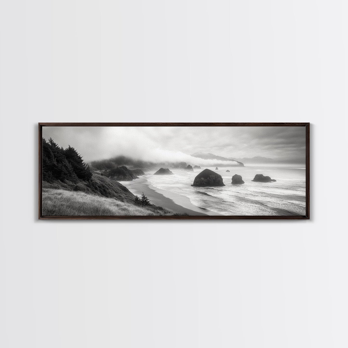 Pazifikküste, nebelverhangene Klippen, Felsen im Meer, stimmungsvolle Strandszene, Leinwanddruck, moderne Naturdekoration, Wandbild fürs Wohnzimmer, Küstenlandschaft