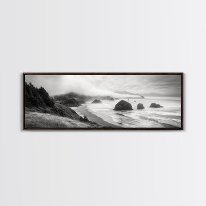 Pazifikküste, nebelverhangene Klippen, Felsen im Meer, stimmungsvolle Strandszene, Leinwanddruck, moderne Naturdekoration, Wandbild fürs Wohnzimmer, Küstenlandschaft