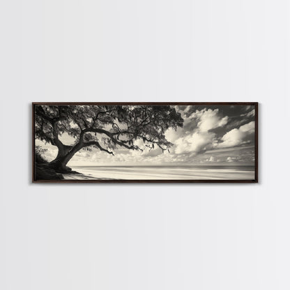 Südliche Eiche, Küstenbaum, Strandidylle, idyllische Landschaft, Leinwanddruck, neutrale Wohnzimmerkunst, Boho-Naturdekor, Strandwandkunst