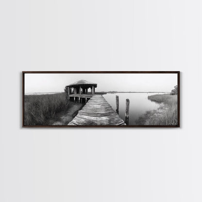 Abandoned Pier, Lakeside Shack, Black and White Marsh, Framed Canvas Print, Rustic Entryway Art, Minimalist Coastal Cabin Decor