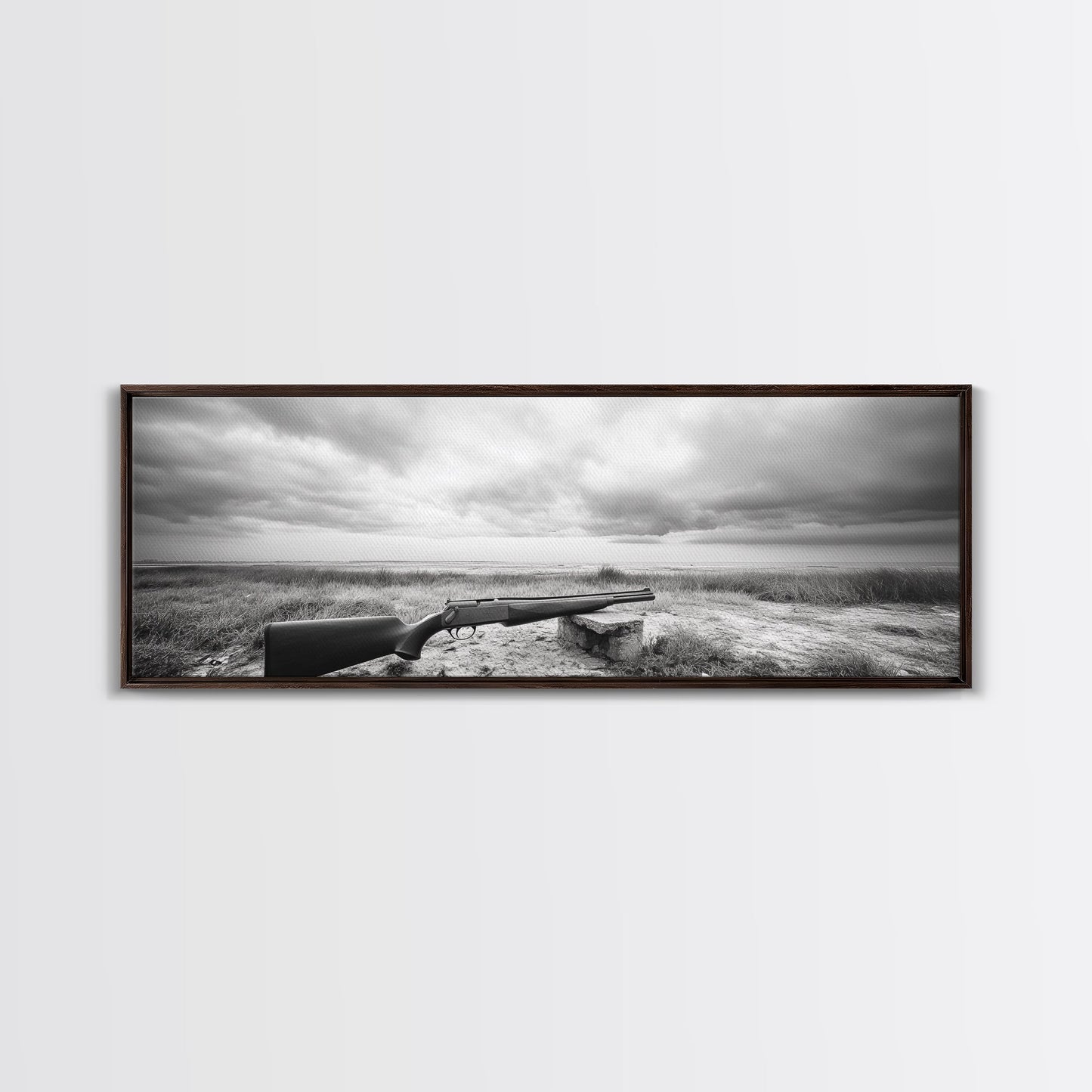 Coastal Rifle Scene, Outdoorsman Decor, Field and Sky Black and White Framed Canvas Print, Autumn Cabin or Lodge Wall Art