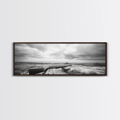 Coastal Rifle Scene, Outdoorsman Decor, Field and Sky Black and White Framed Canvas Print, Autumn Cabin or Lodge Wall Art
